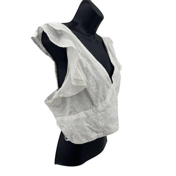 Japna Eyelet Crop Top Womens L White Deep V-Neck Flutter Sleeve Tie Back Cotton - Picture 3 of 9